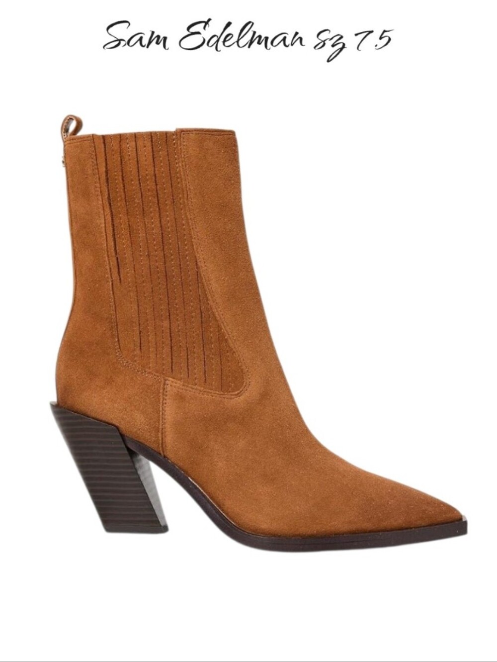 Sam Edelman Mandey Western Chelsea Booties Suede Cognac Brown Sz 7